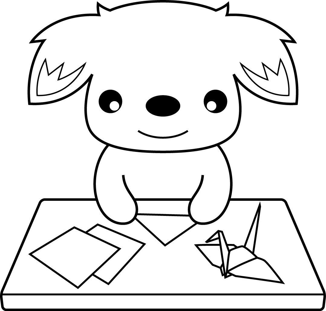 折り紙をする犬（印刷用塗り絵）